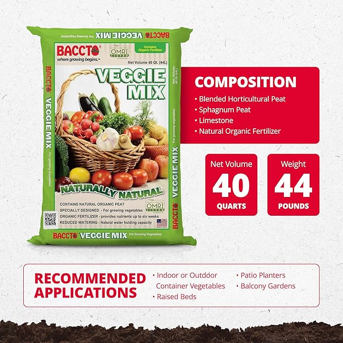 Michigan Peat Company BACCTO Veggie Mix with Peat Moss, Indoor Outdoor Organic Nutrients for Planting & Growing Vegetables, 40 Quart Bag