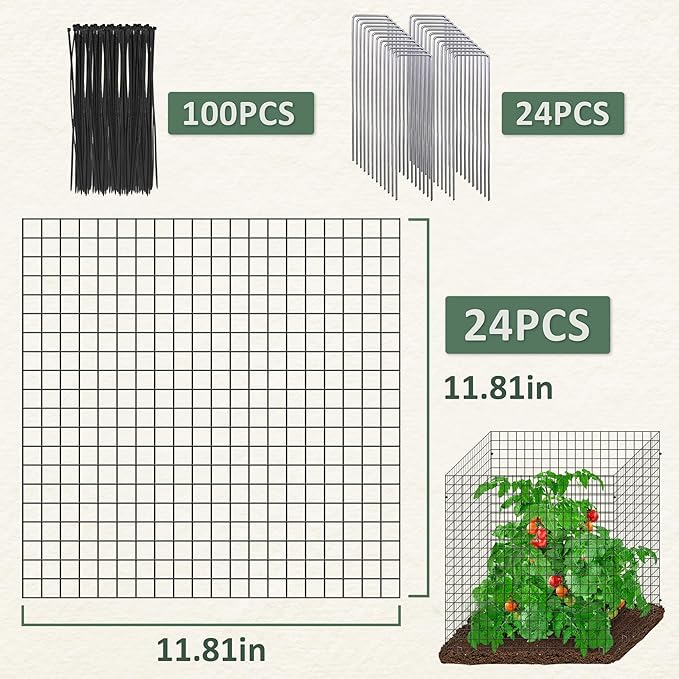 24 Pics DIY Metal Plant Protectors from Deer, Garden Fencing Animal Barrier Size 11.8 * 11.8 inches, Mesh Plant Cage Chicken Wire Cloche for Plants with Stakes and Nylon Cables (24 Pcs)