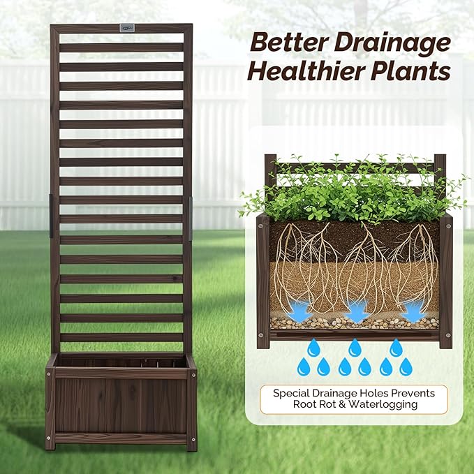 VINGLI Wooden Planter with Trellis, 51" Height Elevated Garden Beds Outdoor, FreeStanding Planter Box with Drainage Holes for Flower, Vegetable, Fruit, Herb in Garden, Patio, Balcony - 2PCS