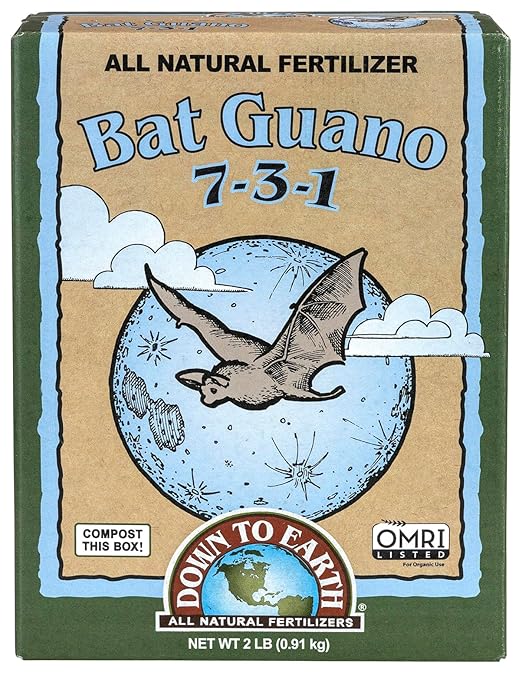 Down To Earth All Natural Fertilizers Organic Bat Guano - High Nitrogen Plant Food for Vegetative Growth 7-3-1, 2 lb