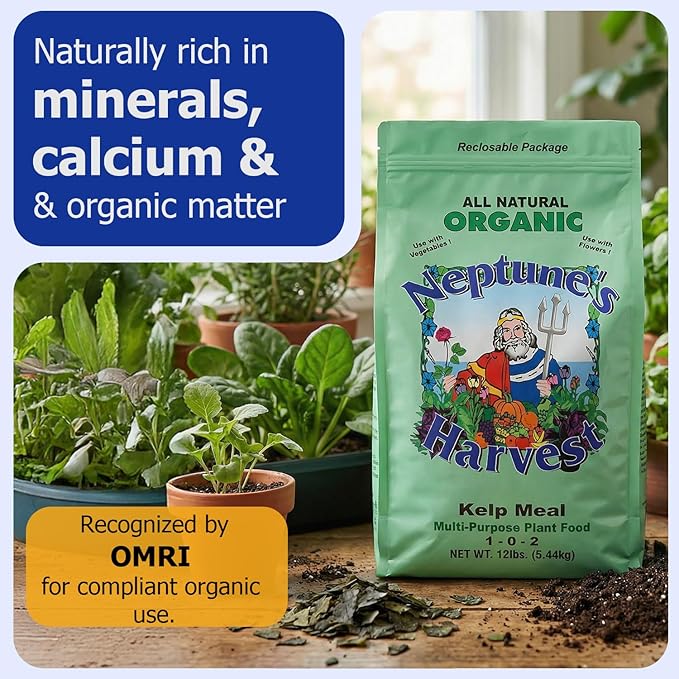 Neptune’s Harvest Organic Kelp Meal Plant Food (1-0-2) - 12 lb Resealable Bag - Multi-Purpose Seaweed Fertilizer - Indoor & Outdoor Plant Fertilizer for Lawns, Gardens, Vegetables & Bulbs