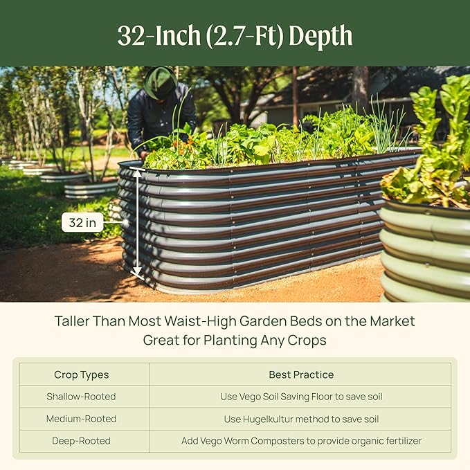 32" Extra Tall Raised Garden Bed Kits, 3.5 x 5 x 2.7ft Raised Planter Box Outdoor, 2 x 6.5 x 2.7ft Deep Root 6 in 1 Modular Metal Raised Beds for Gardening Vegetables Flowers Fruits - Olive Green