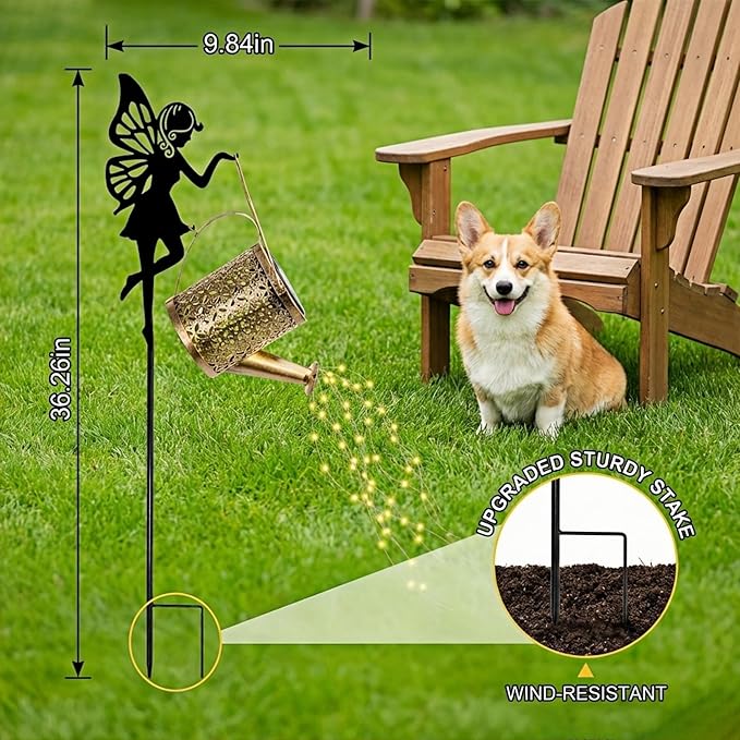 Fairy Solar Lights Outdoor Waterproof, Upgraded Thickened Stake Metal Garden Decor, Whimsical Watering Can Lantern for Yard Pathway, Fairy Garden Accessories Gifts for Women