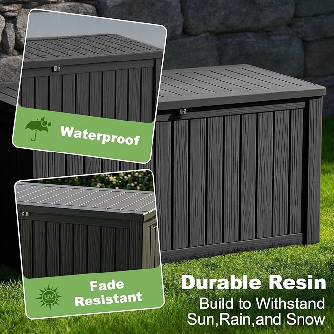ROJIK 180 Gallon Waterproof Outdoor Deck Storage Box, Lockable Resin Patio Storage Bin with Lid for Garden Tools, Patio Cushions & Outdoor Accessories(Black)