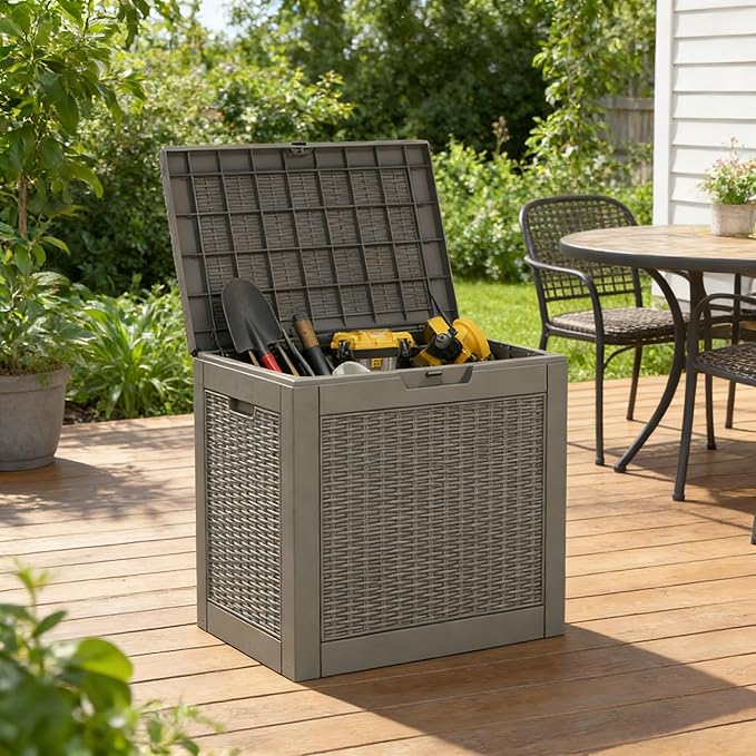 30 Gallon Outdoor Storage Box, Resin Deck Boxes Outdoor Waterproof For Patio Furniture, Garden Tools, Pool Supplies, Lockable And UV Resistant (Rattan Black)