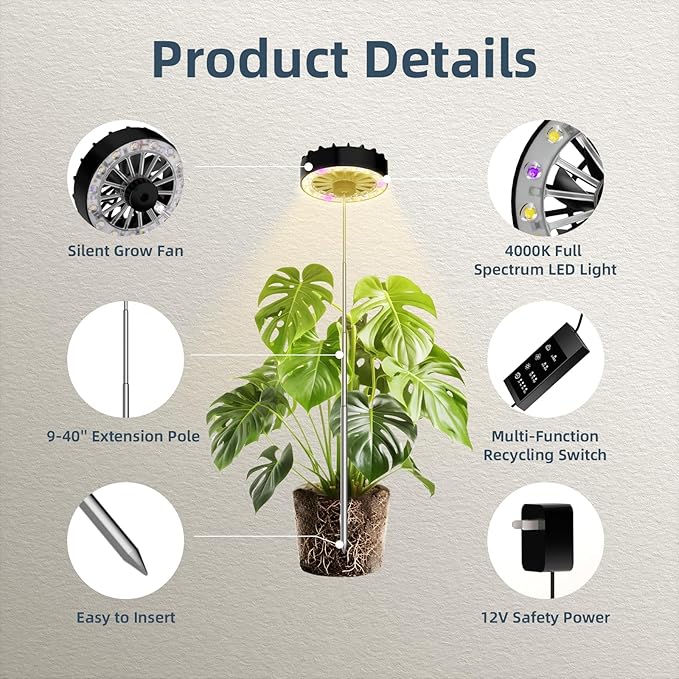 Grow Lights for Indoor Plants,Clip on Full Spectrum Led Plant Grow Light with Integrated Circulating Fan, Timer and Dimmable (Black Ajustable, 2 Packs)
