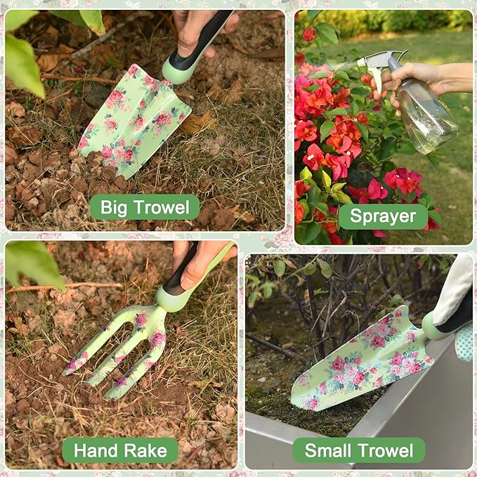 Gardening Tools, WisaKey 10 Piece Heavy Duty Garden Tools Set with Handle, Durable Fashion Garden Organizer Handbag, Ideal Gardening White Elephant Gifts Gift for Woman Mothers