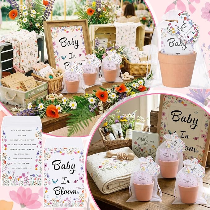 Ctosree 50 Sets Wildflower Baby in Bloom Baby Shower Seed Packets Favors for Guests Include Self Adhesive Seed Packets (No Seeds) Clay Plastic Flowerpot Thank You Tags Hemp Rope Organza Gift Bags