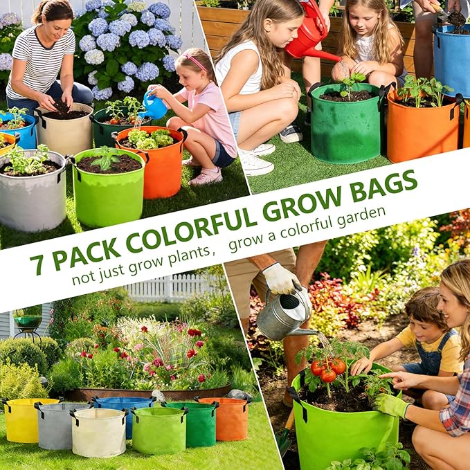 Grow Bags, 7 Pack Colorful 5 Gallon Grow Bags, Reusable Fabric Grow Bags, Foldable & Washable for Vegetables, Tomato Pots, Garden & Outdoor Growing