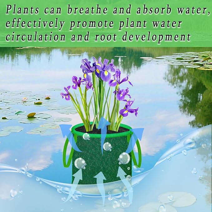 Pond Planting Bags with Handles, Aquatic Pond Lily Planter Reusable Water Gardens Plant Mesh Pots Green Round Pond Plant Basket for Aquatic, Marsh, Bog, Garden, Terrestrial Plants (6 Pcs)