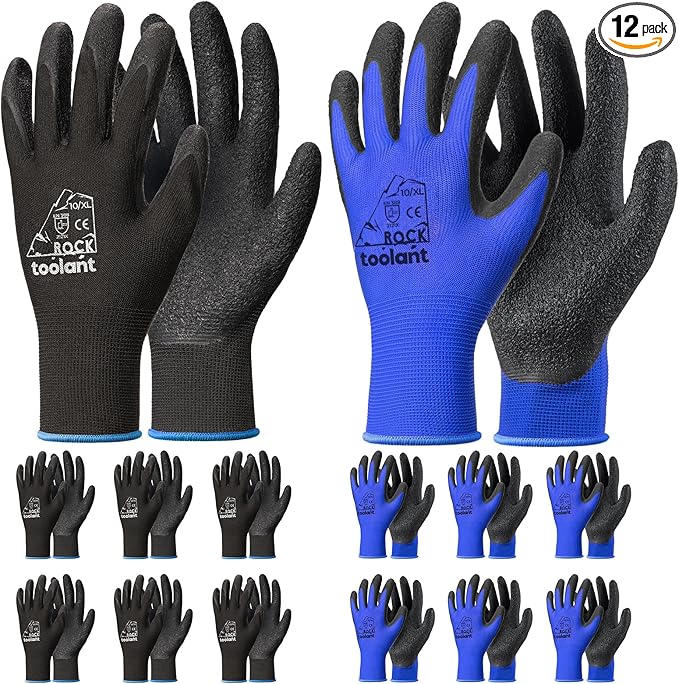 toolant Crinkle Latex Work Gloves Bulk, Rubber Coated Safety Work Gloves for Men and Women, 12 Pairs for Construction, Gardening, Warehouse (Black & Blue, X-Large)