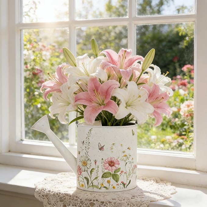 Vintage White Metal Watering Can Decorative Garden Watering Pot with Floral & Butterfly Prints Rustic Shabby Chic Design for Indoor Plants, Outdoor Gardening, Home Decor