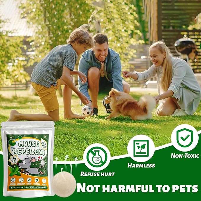 Mouse Rodent Repellent, 12 Pack Peppermint Oil Mice Repellent Balls,Natural Pest Deterrent for Rats, Squirrels,Skunks,Mice,Rodents,Safe for Kids & Pets, Indoor Outdoor Repeller for Home & Car,Garden