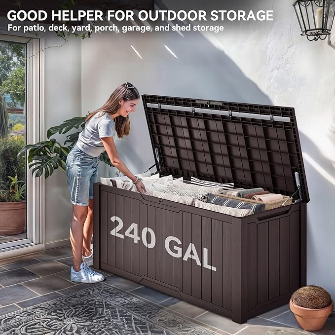 YITAHOME XXL 240 Gallon Large Outdoor Storage Deck Box for Patio Furniture, Outdoor Cushions, Garden Tools and Sports/Pools Equipment, Weather Resistant Resin, Lockable (Dark Brown)