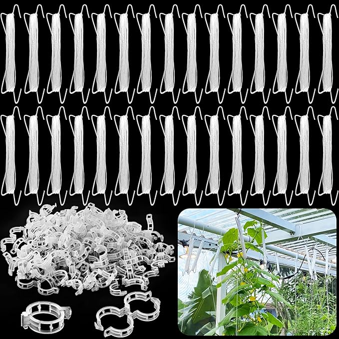 OJYUDD 130 Pcs Tomato Hooks with String,Tomato Holder Hooks with 32.8ft Twine & Plant Support Clips,Climbing Plants Support Hooks for Vegetable Plant Fruit Flower