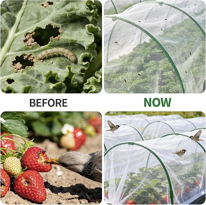 Garden Netting Kit for Raised Bed, 8X20FT Ultra Fine Mesh Netting with 5 Sets Garden Hoops & 15pcs Clips, Reusable Plant Row Cover Bird Netting for Garden Protection