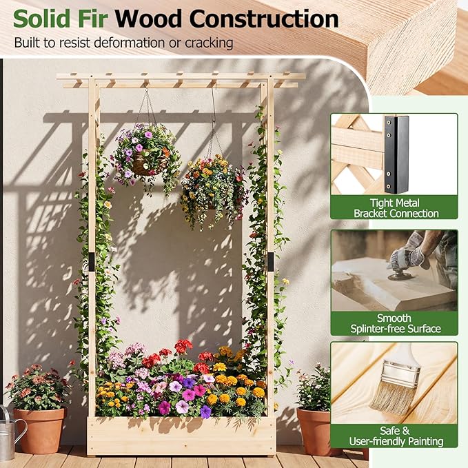HAPPYGRILL 89" Raised Garden Bed with Trellis & Hanging Roof, Wooden Planter Box with 4 Drainage Holes, Outdoor Wood Elevated Garden Bed for Climbing Plants Vines Vegetables Flowers (Natural,2)