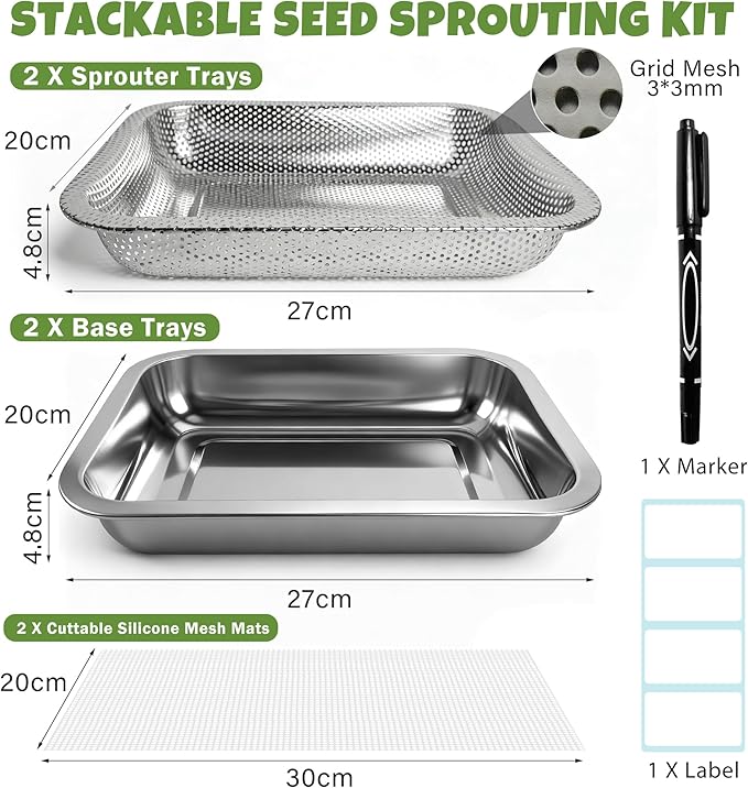 2 Pack Stainless Steel Seed Sprouter Trays, 2-Tier Soil-Free Microgreens Growing Kit, Rust-Free Sprouting Tray with Mesh Pads for Sprouts Beans Alfalfa Wheatgrass