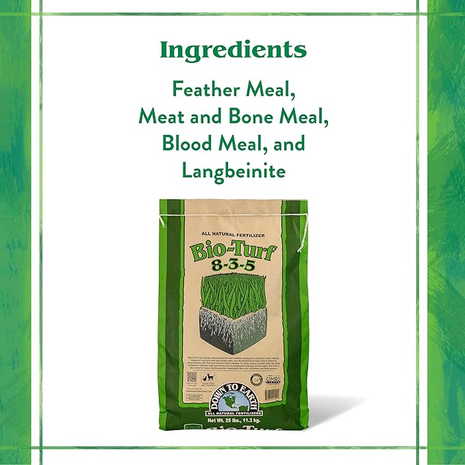 Down To Earth All Natural Fertilizers Organic Bio-Turf Lawn Food for Grass, Landscape and Ornamentals - Works with Lawn Spreaders 8-3-5, 25 Lb
