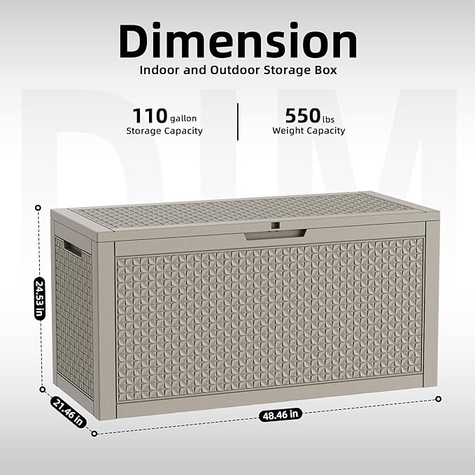 110 Gallon Resin Deck Box Outdoor Storage Box Waterproof for Patio Furniture,Outdoor Cushions,Garden Tools and Pool Supplies（Grey）