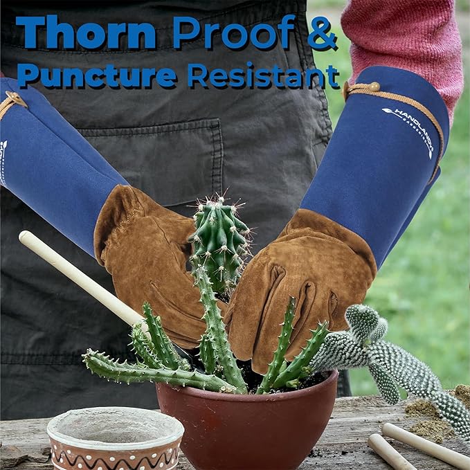 HANDLANDY Long Gardening Gloves for Men Women, Thorn Proof Rose Pruning Leather Garden Yard Gauntlet Glove, Gardening Gifts