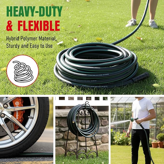 Heavy Duty Garden Hose 100ft with Nozzle, NON-EXPANDABLE Flexible Water Hose, Kink Resistant Lightweight Hybrid Hose, Leakproof Hose Male to Female Fittings