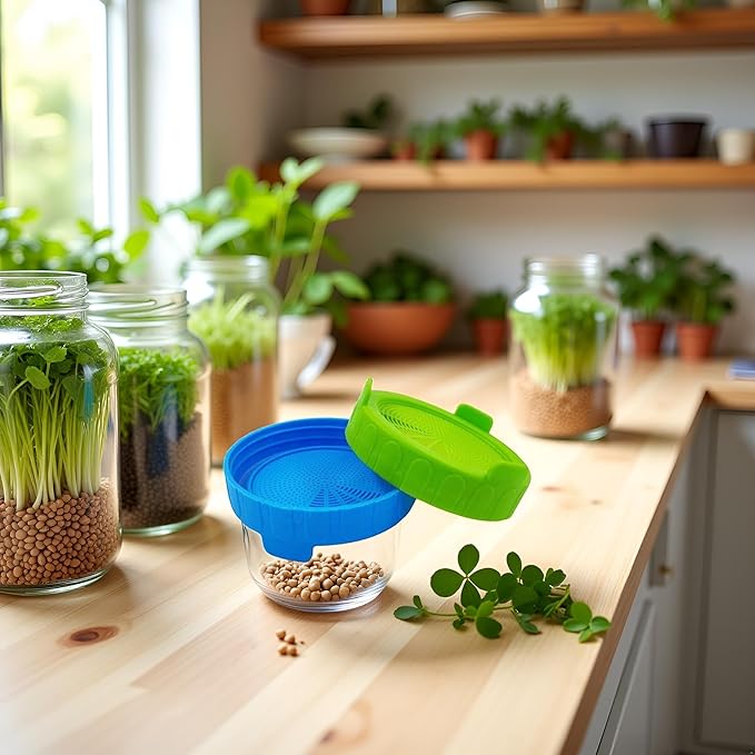 2Pcs Blue and Green Sprouting Lids jar Sprouting Lids Plastic Sprouting with Steel Screen for Wide Mouth to Grow Beans Jars Canning Cookware