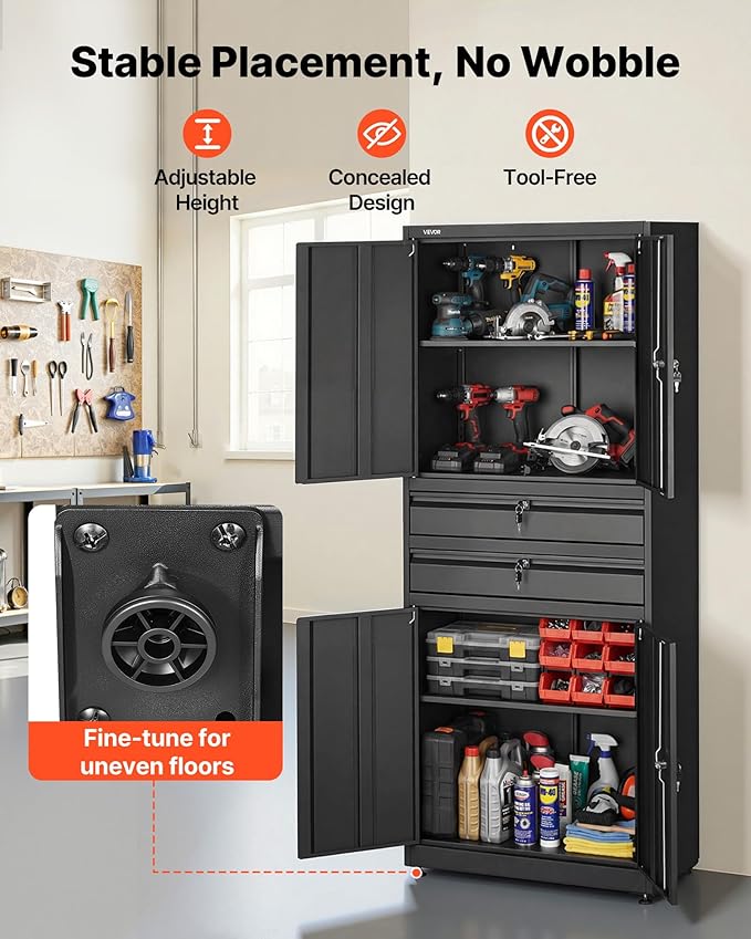 VEVOR Metal Storage Cabinet, 180 lbs Shelf Load Capacity, 70.87" Tall Garage Tool Storage Cabinet with 4 Locking Doors and Adjustable Shelves, 2 Drawers, for Garage, Home, Office, Utility Room, Black