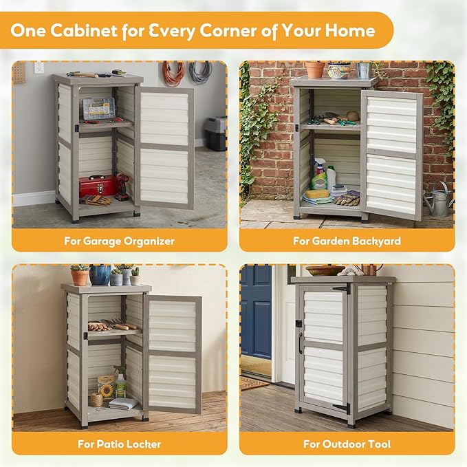 PetsCosset Small Outdoor Storage Cabinet, Wood & Plastic Potting Bench Table Tool Organizer for Patio Backyard Garden, Metal Top, Adjustable Shelf, Corner Storage for Narrow Spaces