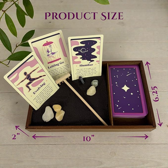 Wooden Zen Garden with Daily Affirmation Cards for Women and Men | Midnight Purple Sand with Rake & Amethyst Wand | Affirmations for Mindfulness, Meditation, and Inspiration | Beautiful 52 Card Deck