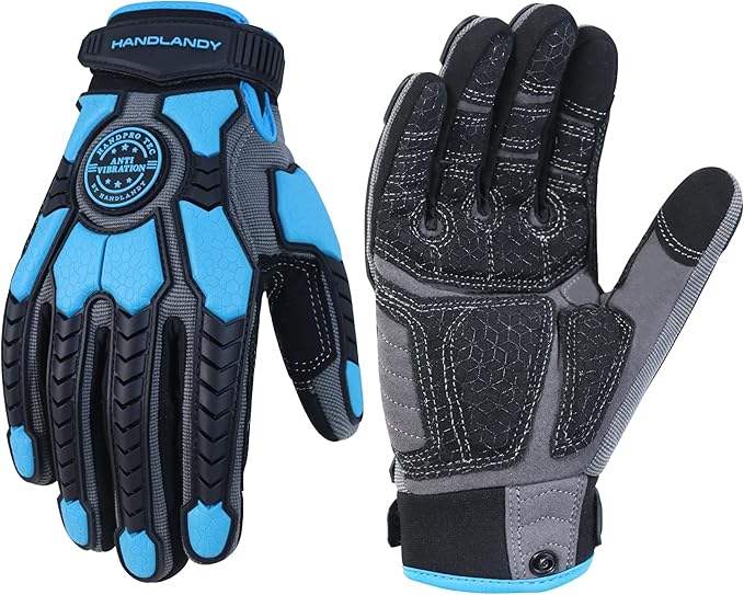 HANDLANDY Anti Vibration Gloves, SBR Padding, TPR Protector, Mechanic Work Gloves (Large, Black)