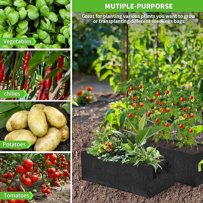 2 Pack Plant Grow Bags,Breathable Fabric Grow Bag with 3 Grids,400GSM Thickened Nowoven Garden Bed,Rectangle Flower Planter Containers for Flower,Vegetable,Fruit,Growing Pot with Handles(90x30x20cm)
