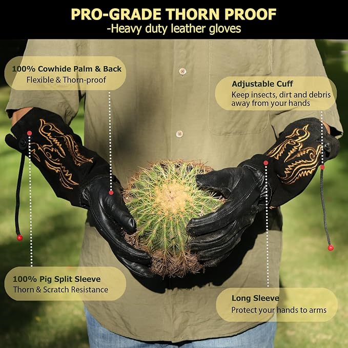Long Leather Thorn Proof Gardening Gloves for Women/Men, Great for Rose Pruning, Cactus Handling, Weeding, Heavy Duty Gauntlet, Garden Gifts for Gardener (Western Style, Medium)