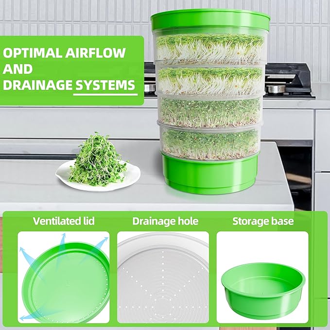 4-Tier Seed Sprouting Kit, Stackable Microgreens Growing Kit with Drain Trays and Blackout Sleeves, Green Soil-Free Seed Sprouter Tray for Growing Organic Mung Beans, Broccoli, Alfalfa