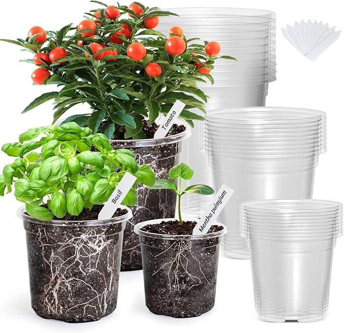 Bonviee 30 Packs 7/5/4 Inch Clear Nursery Pots for Plants, Plastic Seedling Pots with Drainage Holes, Planters for Indoor Plants and Transparent Seed Starter Pots with 10 Plant Labels