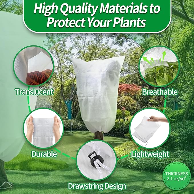 Avalution Plant Covers Freeze Protection, 5 Packs Frost Cloths for Outdoor Plants, 71" X47" Reusable Frost Blankets, 2.2oz Tree Cover Freeze Protection Drawstring Bags for Potted Shrub