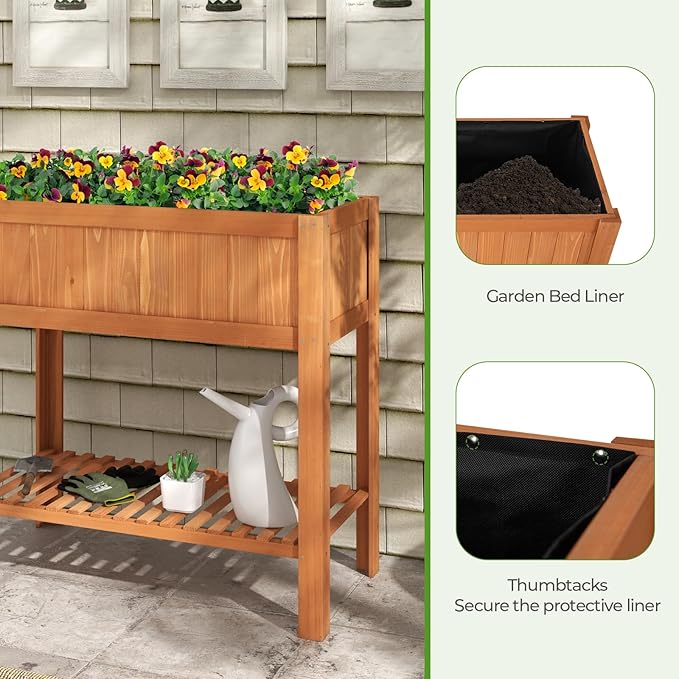Giantex Raised Garden Bed Outdoor, Elevated Fir Wood Garden Box with Legs, Bottom Storage Shelf & Protective Liner, Planter Raised Bed for Gardening, Fruit, Vegetables, Herbs, 39" Lx20 Wx39 H