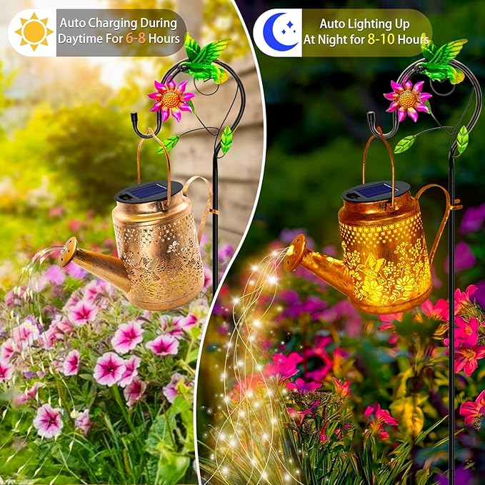 Big Solar Hummingbird Flower Watering Can Lights, Gift for Mom Grandma Women Wife Daughter Mother's Day, Waterproof Outdoor Garden Decor with Shepherd Hook, Hanging Light for Yard Porch Backyard Patio