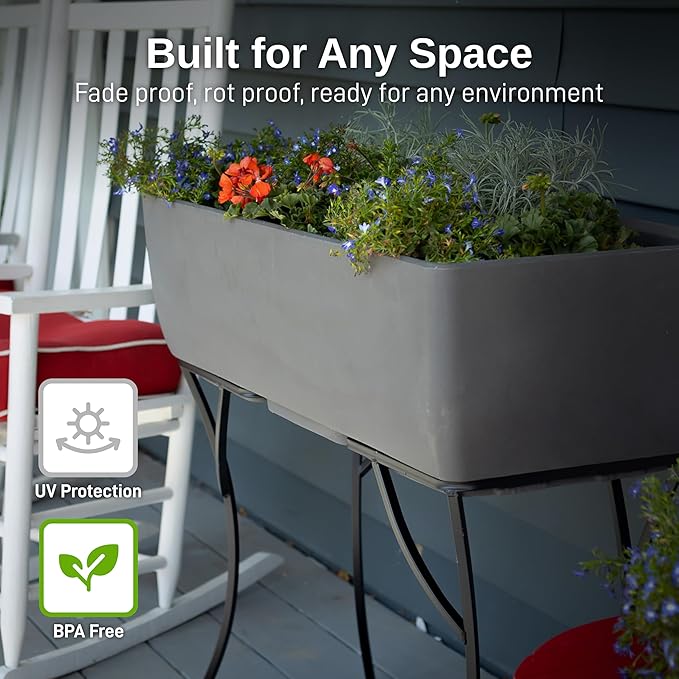 RTS Home Accents 30" Long Elevated Rectangular Garden Planter with Wrought Iron Stand, Graphite - Durable, Stylish, and Weather-Resistant Raised Garden Bed for Outdoor or Indoor Gardening
