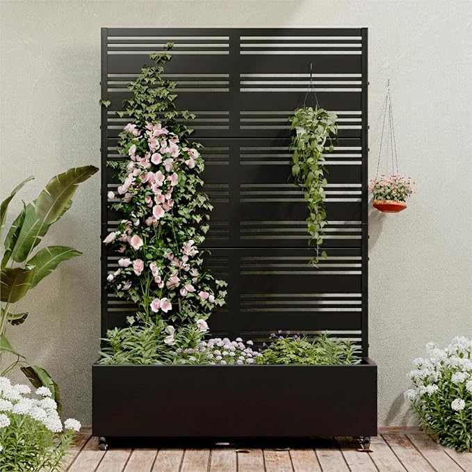 Casaphoria Metal Raised Garden Bed with Trellis and Wheels, 72"x47"x16" Planter Box for Climbing Plants, Vegetables & Vines, Features Drainage Holes and Privacy Screen (Black-Harold)