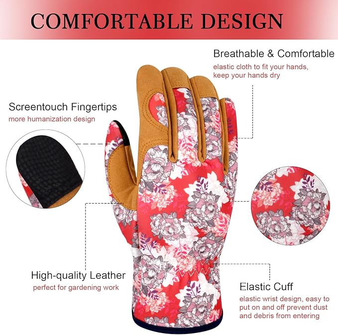 Leather Gardening Gloves for Women Thorn Proof Garden Gloves Touch Screen Working Gloves Gifts,M