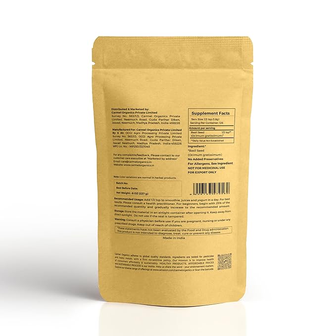 Edible Basil Seeds. | 8 Ounce or 0.5 Lb/227 grams | Tukmaria Sabja Seeds| Rich in Fibers | Add to Smoothies | Non GMO | Keto + non Gluten | Natural | By Carmel Organics