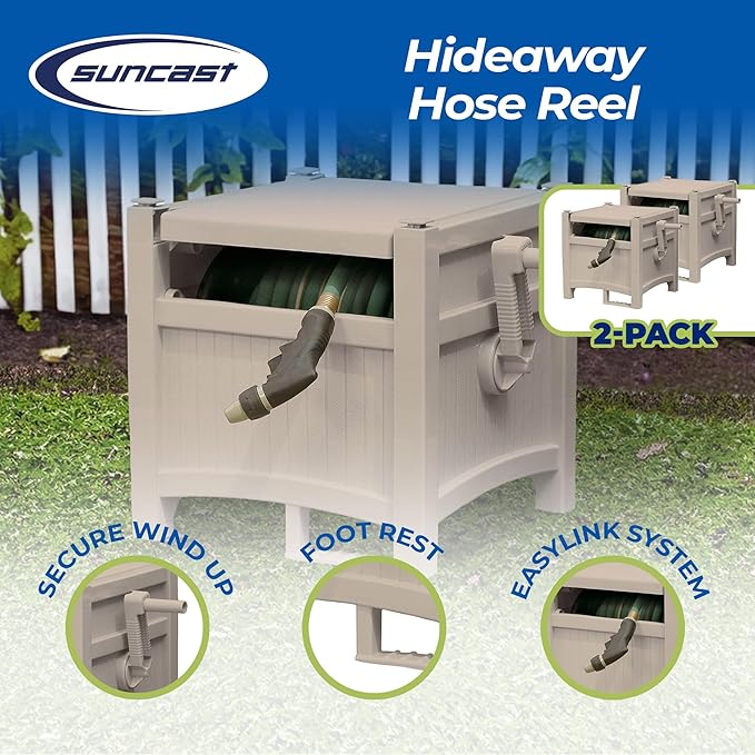 Suncast 100 Foot Capacity Hideaway Garden Hose Reel for 1.9 inches Hose Outdoor Storage with Stay Up Lid and Crank Handle, Taupe 2 Pack