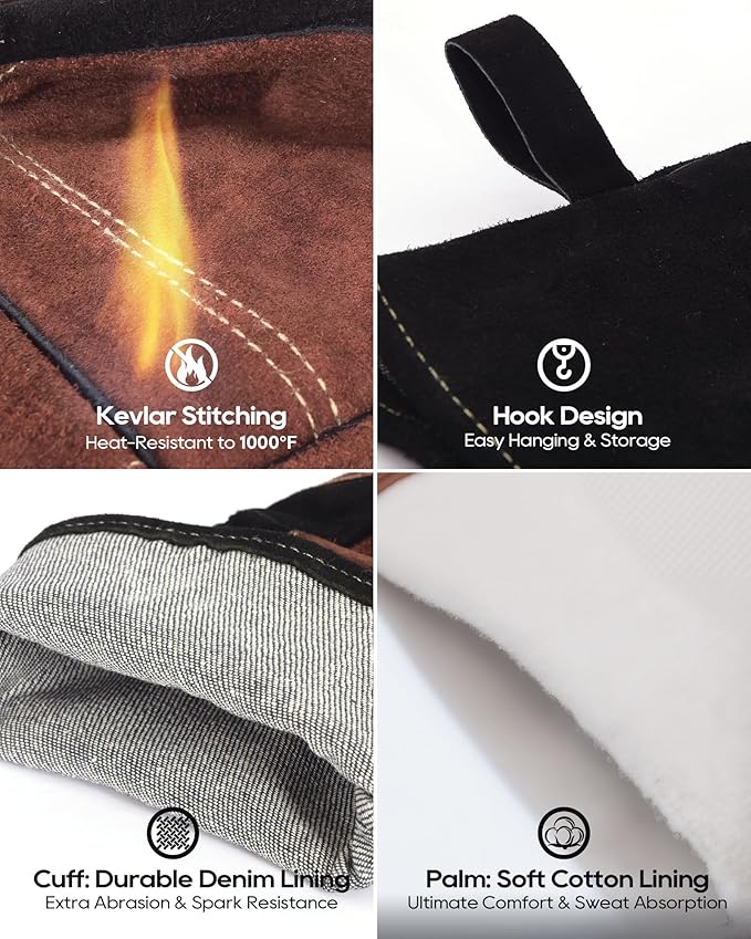 TOPDC Welding Gloves 16Inch 1000℉Heat/Fire Resistant Reinforced Leather Fireproof Gloves with Kevlar Stitching for Mig, Tig, Stick, Forge, BBQ, Grill, Oven, Fireplace, Furnace, Animal Handling, MEDIUM