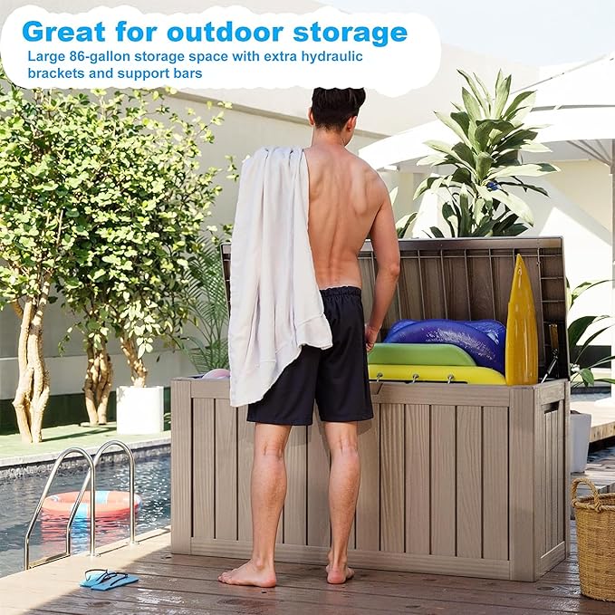 Vixzen 80 Gallon Resin Deck Box, Lockable Outdoor Storage Box for Patio Cushions Storage Furniture,Garden Tools, Pool Supplies, Weatherproof and UV Resistant（Grey，80 Gallon）