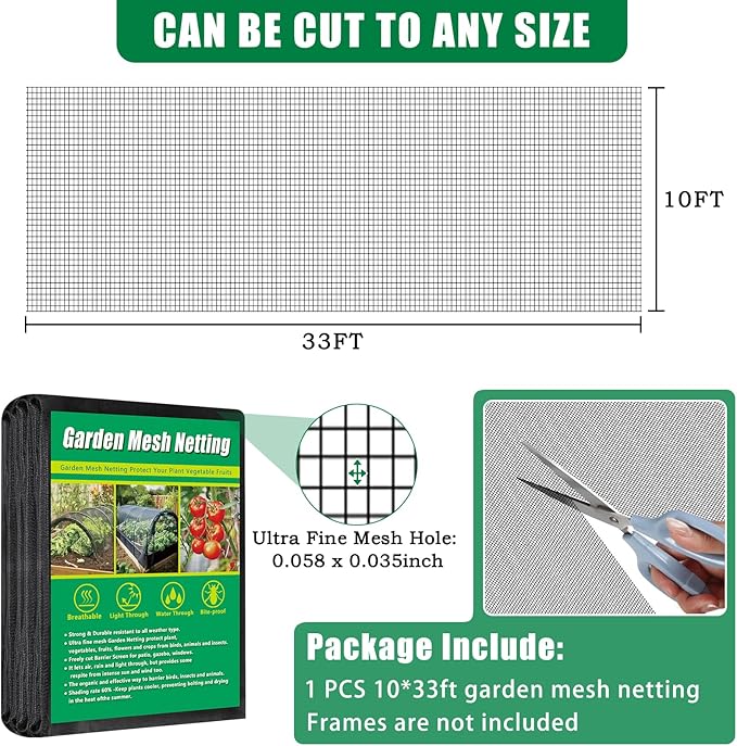 10 X 33 FT Thicker Garden Mesh Netting Pest Barrier for Raised Beds, Black Fruit Tree Netting for Cicadas, Bird Insect Blueberry Bush Strawberry Netting Cover for Garden Protection, Shading Rate 30%
