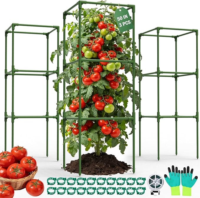Uyittour 3 Pack Square Tomato Cages for Garden, 50" Heavy Duty Square Tomato Trellis Plant Support Cages for Raised Garden Bed Climbing Vegetables, Set with Garden Gloves, 20 Clips & 65FT Tie Wire