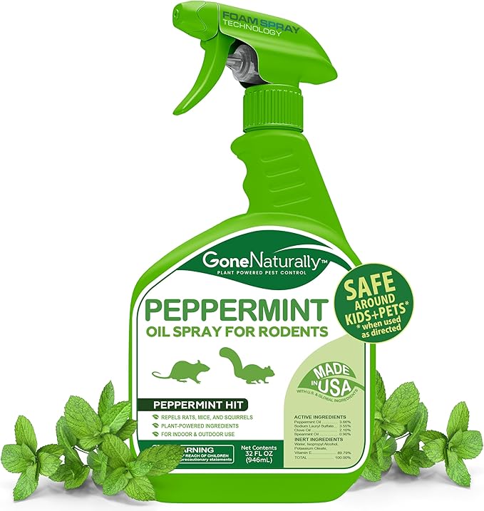 Peppermint Oil Rodent Repellent Spray — Pet & Kid Safe — Indoor/Outdoor Mouse, Rat & Squirrel Deterrent for Home, Garage, Attic, RV & Car Engines (32oz)