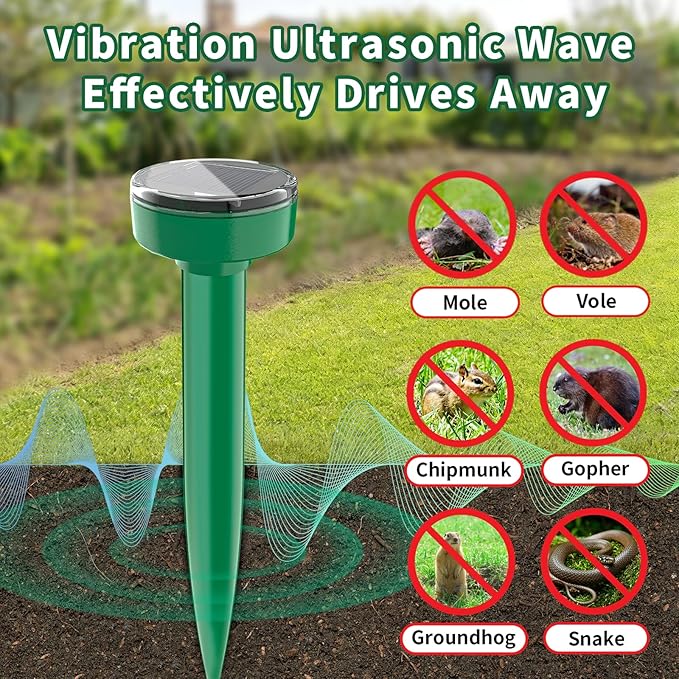 8 Pack Mole Repellent Ultrasonic Solar Powered Waterproof Outdoor Vole Chipmunk Gopher Groundhog Repeller Snake Rodent Sonic Spikes Deterrent Outdoor Mole Deterrent for Yard