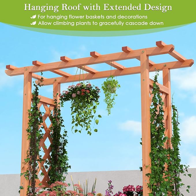HAPPYGRILL Raised Garden Bed with Trellis, 2 Pack Freestanding Wood Planter Box w/Hanging Roof & 4 Drainage Holes for Vine Climbing Plants Flowers, Outdoor Planter with Trellis for Garden Patio Yard